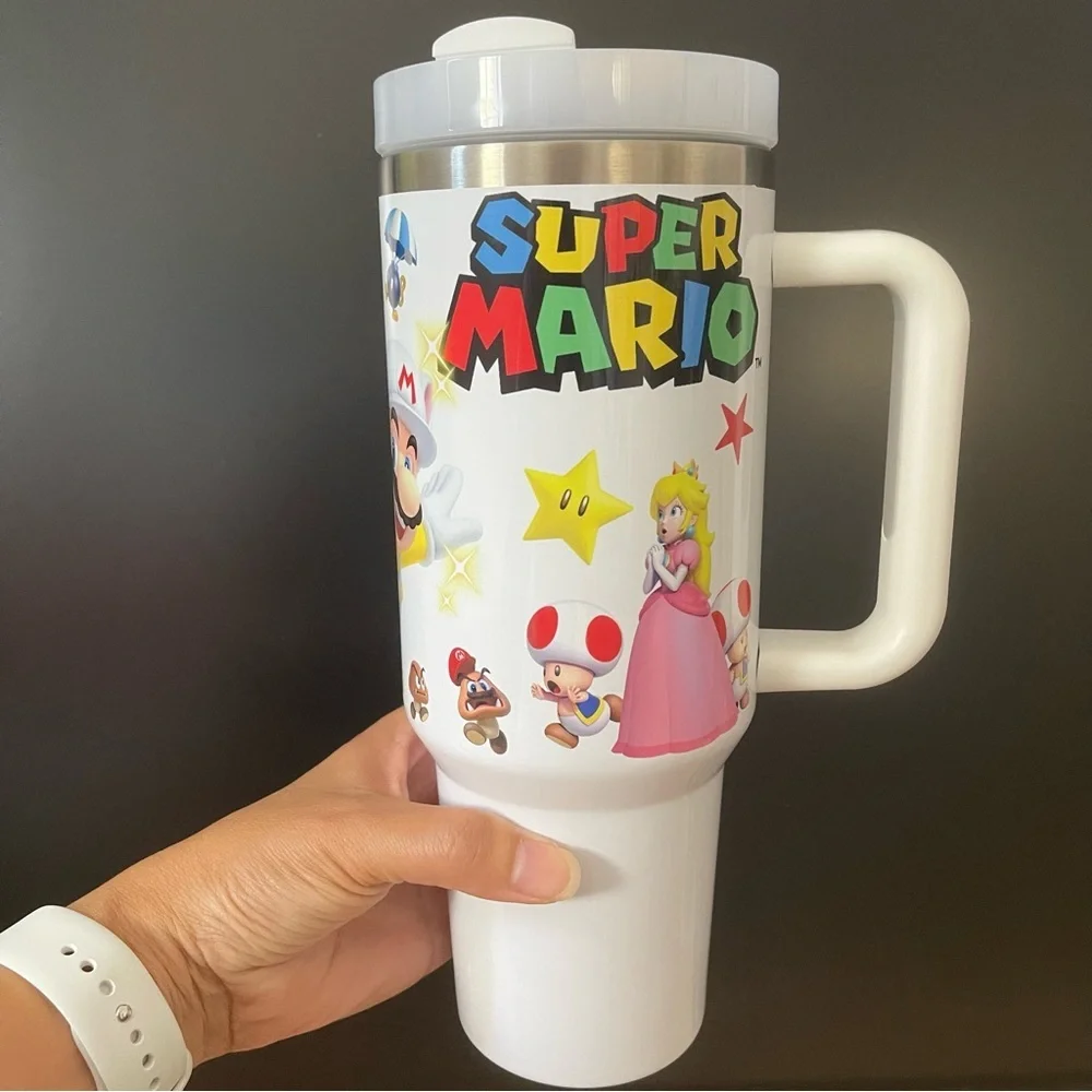 Custom 40 oz Tumbler Nintendo Super Mario Bros tumbler with hand carry handle.